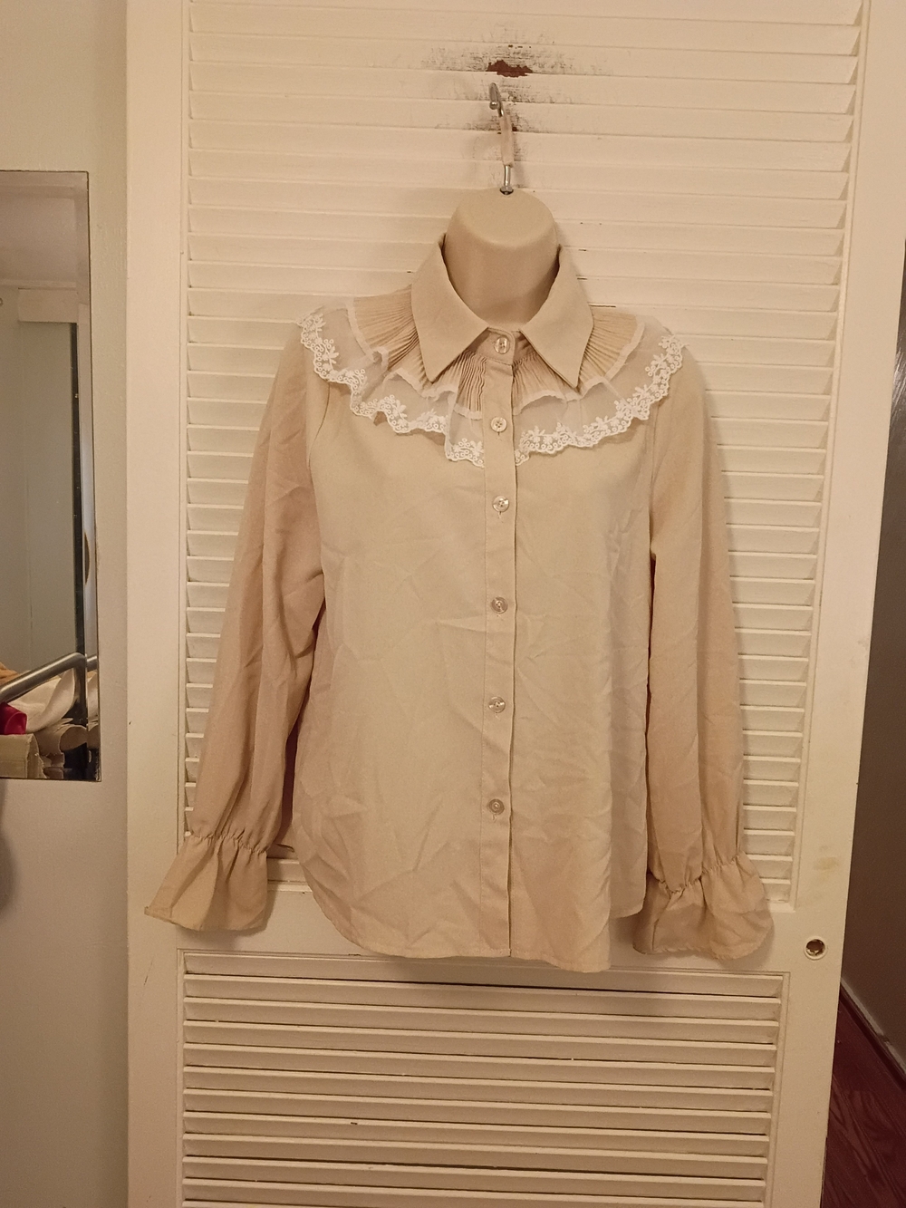 Lace-Trim Pleated Collar Button-Front Women's Top in Beige - Picture 2 of 8